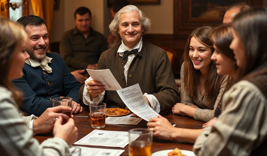 George Washingtong sitting in a pub enjoying trivia questions with his friends