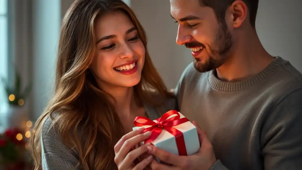 A girl stares into her boyfriends eyes as she receives a gift