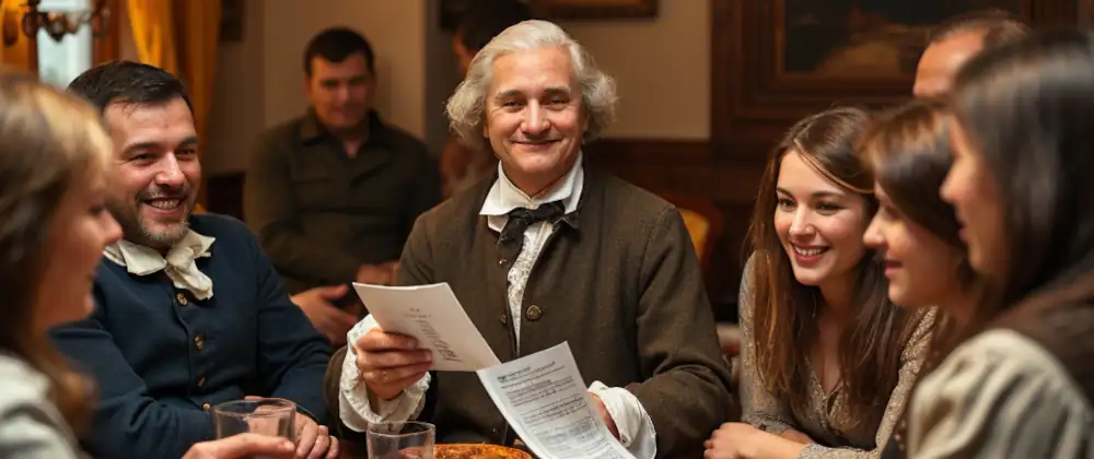 George Washington sitting in a small pub enjoying trivia questions