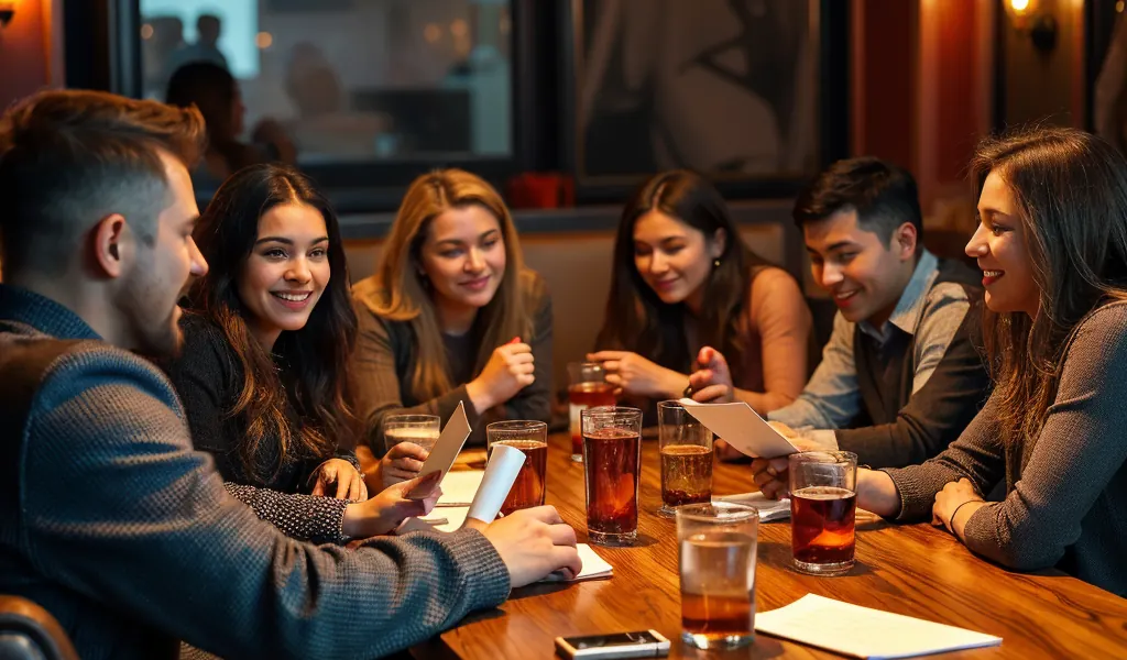 People sitting in a warmly lit bar enjoying trivia questions