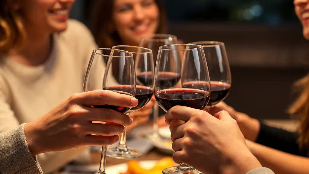 A close-up of a small group of friends enjoying red wine, with the focus on their hands holding wine glasses. The scene includes a beautifully set table with delicious food, and the background shows smiles and laughter, capturing a warm and intimate moment